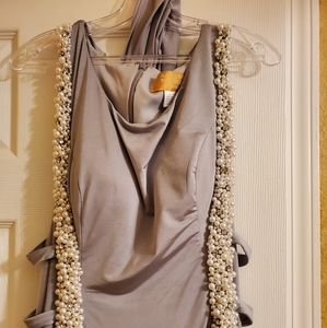 Long white pearl embellished cocktail dress